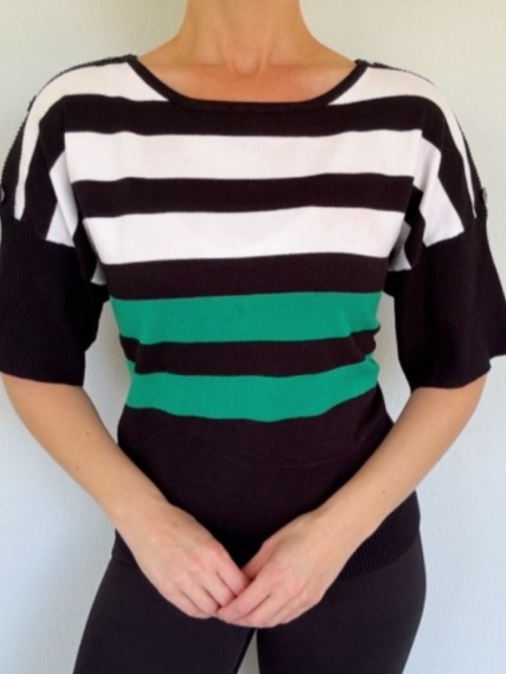 Notations green black stripe dolman sleeve knit sweater top size large